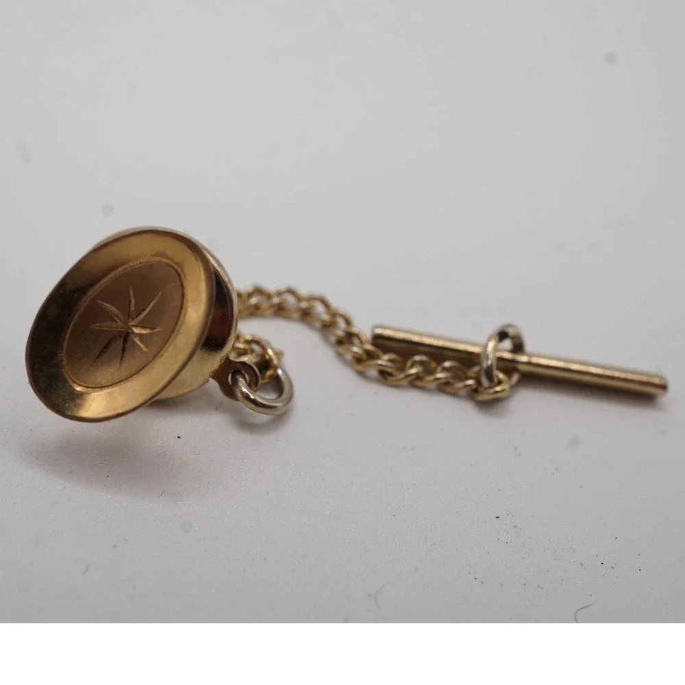 Vintage 14K Yellow Gold Starburst Oval Tie Tack with Safety Chain 0.48g